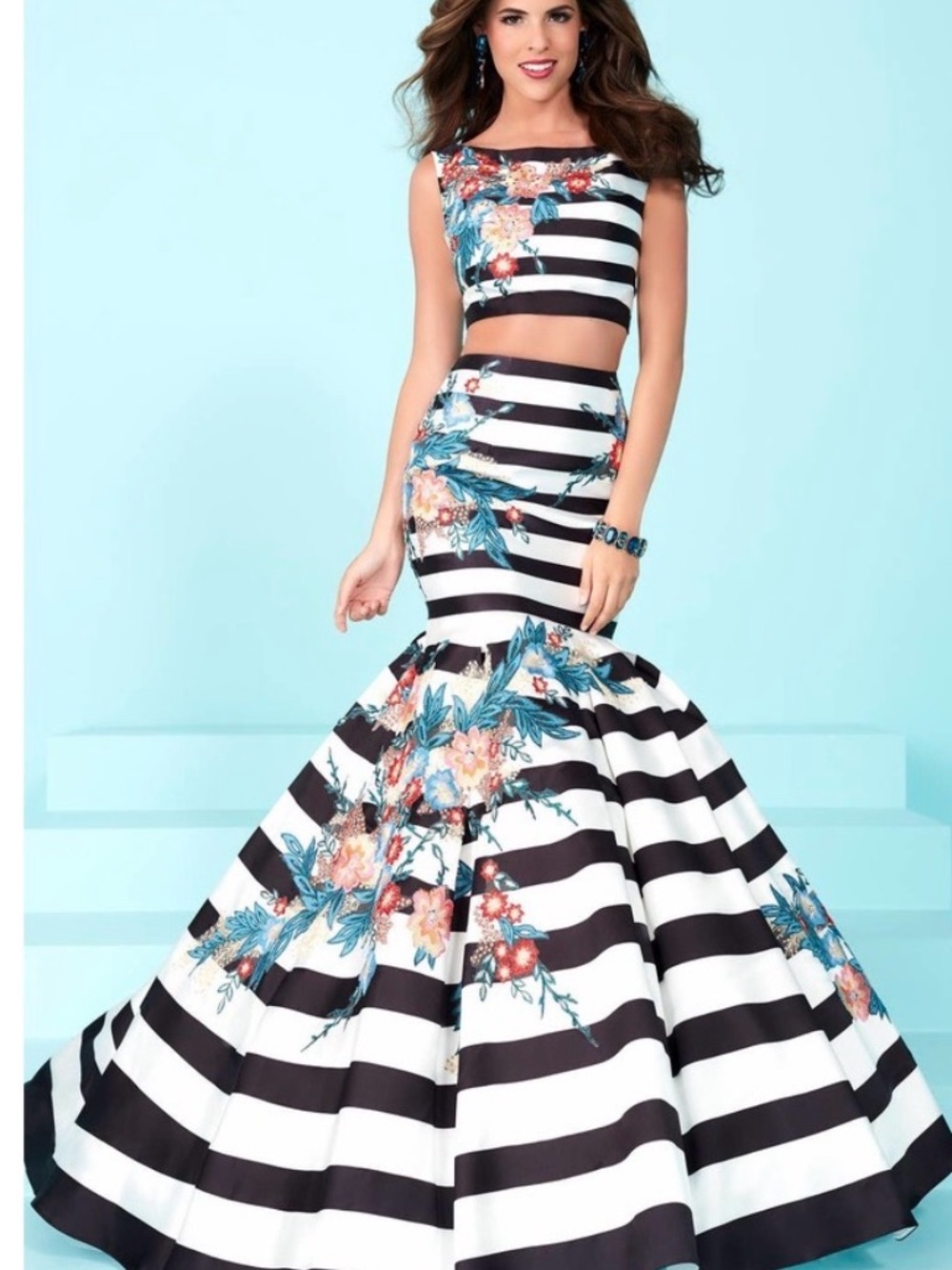 Striped Floral Mermaid Maxi Skirt - Black & White